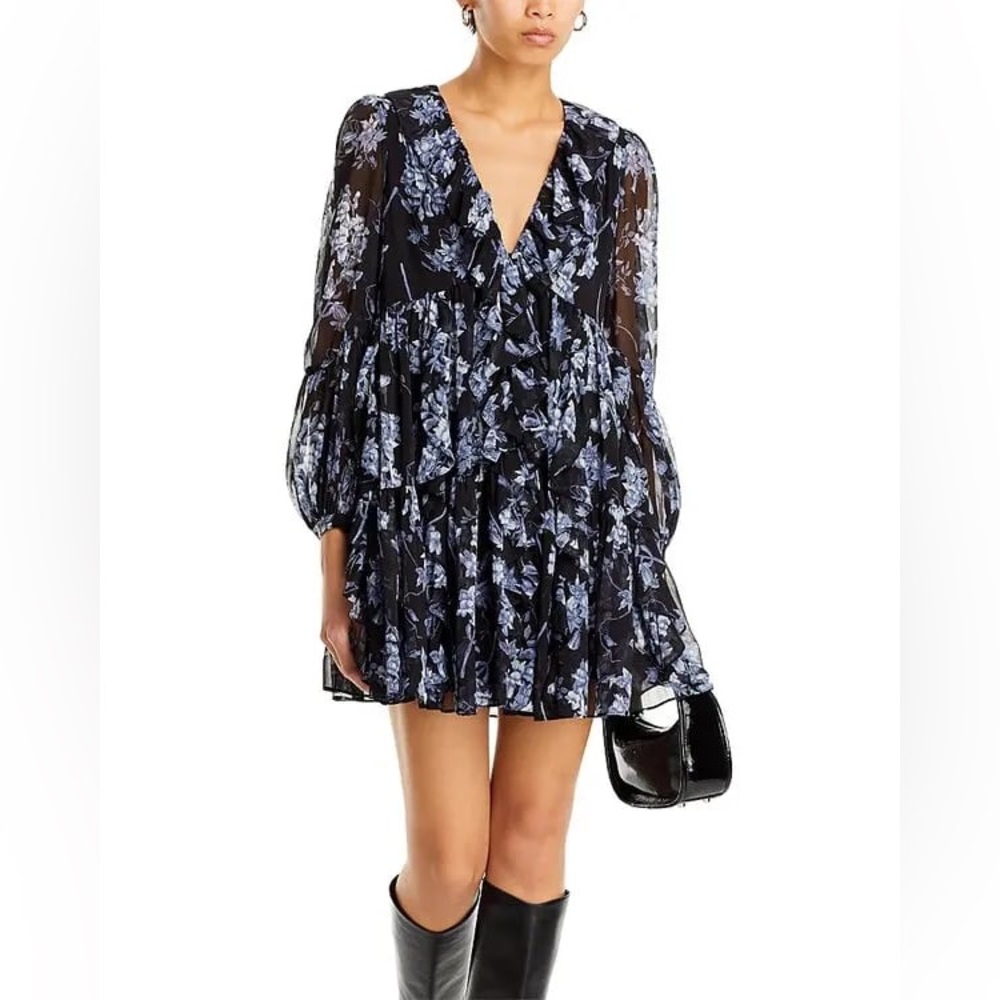Cinq à Sept Jalen Navy Blue Floral Ruffle Long Sleeve Mini Dress Size 8 $425